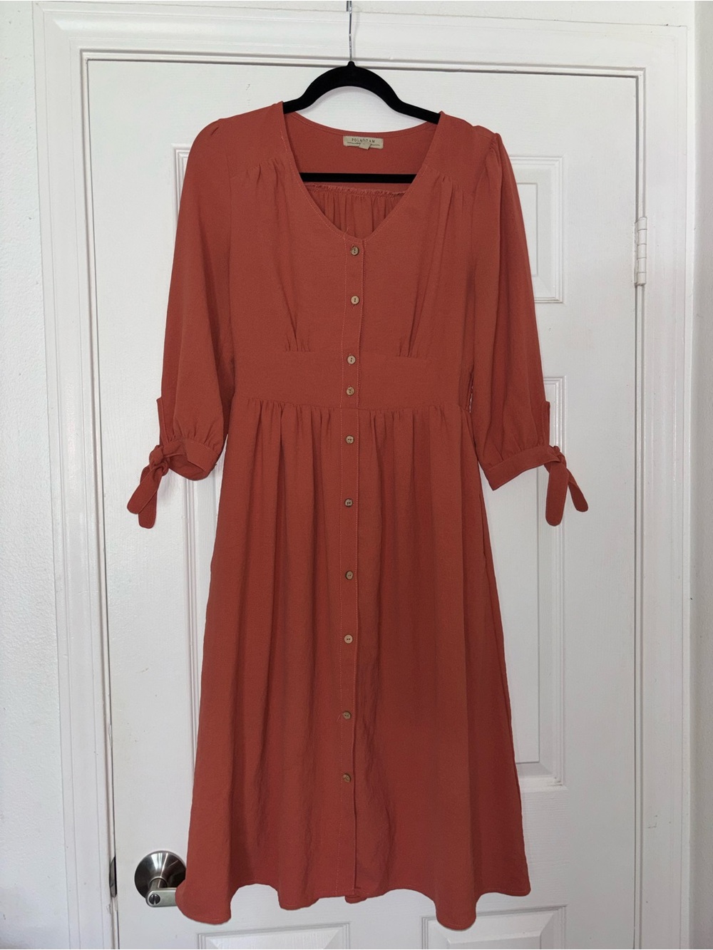 Polagram Terracotta Button-Front Midi Dress with Tie Sleeves